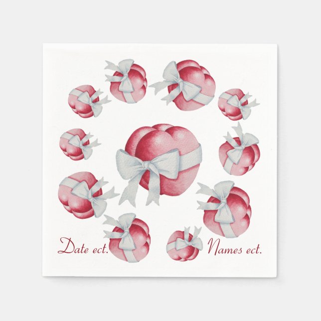 två röda kärlek-hjärtan och vit boggromantisk bröl pappersservett (Framsidan)