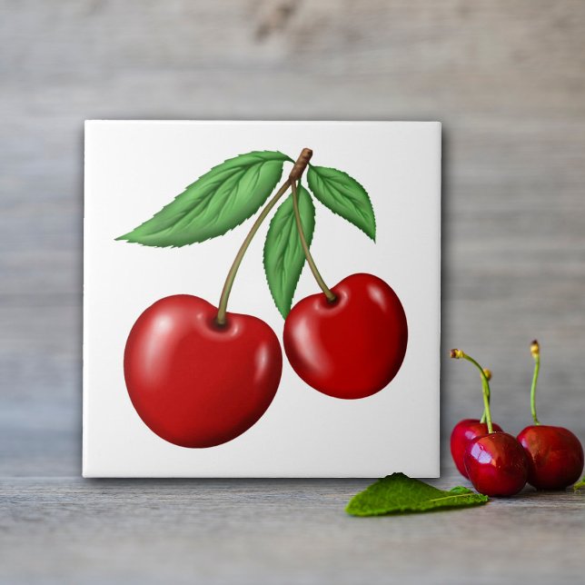 Två röda körsbär frukt kakelplatta (Cherry ceramic tile, in 2 sizes great for kitchen walls! Or order with optional frame for decoration)