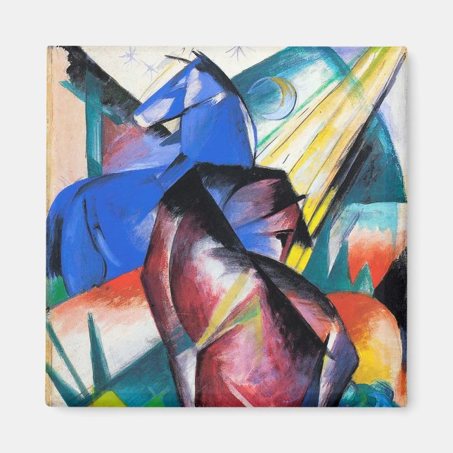 Två röda och blå hästar av Franz Marc Magnet (Framsidan)