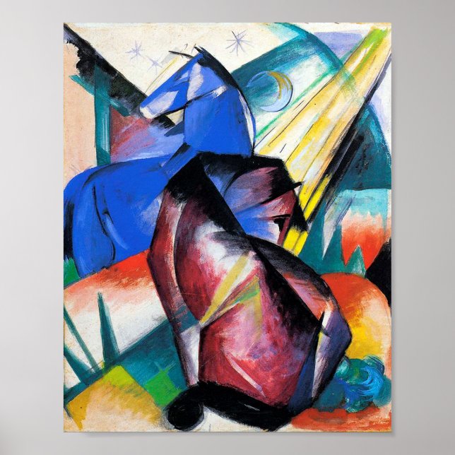 Två röda och blå hästar av Franz Marc Poster (Framsidan)