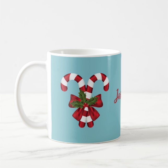 Två röda och vita Polkagrisar på blå med Namn Kaffemugg (Vänster)