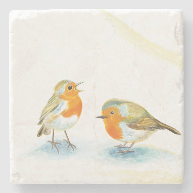 Två röda Robins i vinter Stenunderlägg (Framsidan)