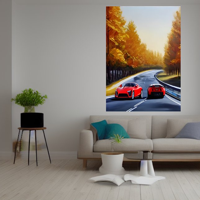 Två röda sportbilar på väg | AI Art Poster (Skapare uppladdad)
