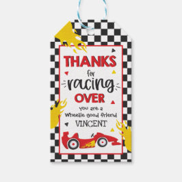 Två Röda Tävling--kort med snabb Födelsedagsfest, Presentetikett