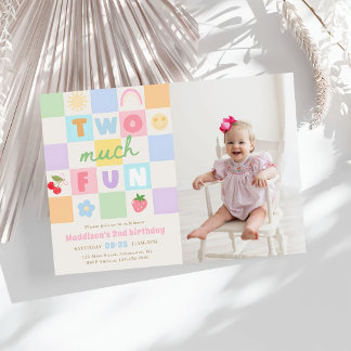 Två roliga färgglada rutyta 2-års födelsedagsfoto inbjudningar