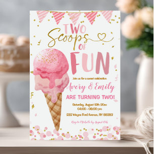 Två Roligt Rosa Ice Cream Födelsedagsfest Inbjudningar