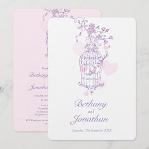 Två rosa fåglar öppna fågelhjärtan bröllop inbjudningar