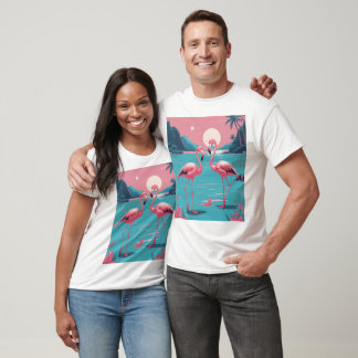 Två Rosa Flamingos på Blue Beach Rosa Sunset T Shirt