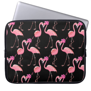 Två rosa flamingos på svart bakgrund. Sömlös Laptop Fodral