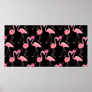 Två rosa flamingos på svart bakgrund. Sömlös Poster