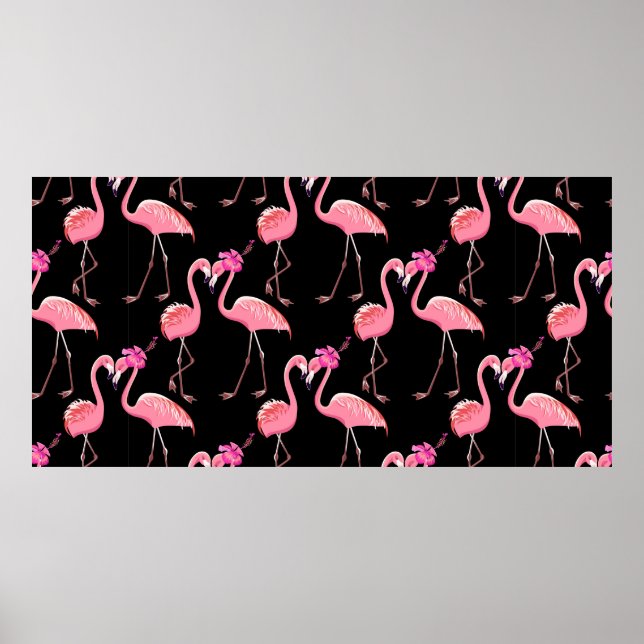Två rosa flamingos på svart bakgrund. Sömlös Poster (Framsidan)