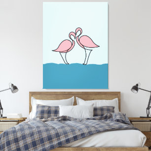Två Rosa Flamingos på Teckning vid Vatten-linjen Canvastryck