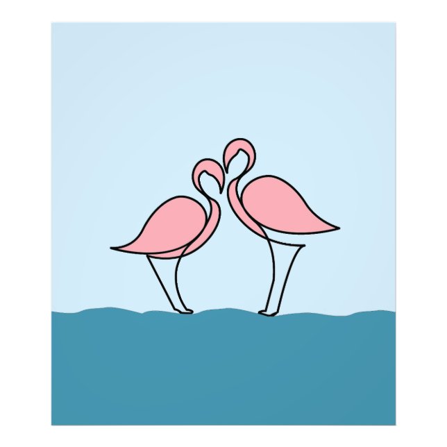 Två Rosa Flamingos på Teckning vid Vatten-linjen Fototryck (Framsidan)