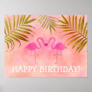 Två Rosa Flamingos Tropisk Strandfest Banner Poster