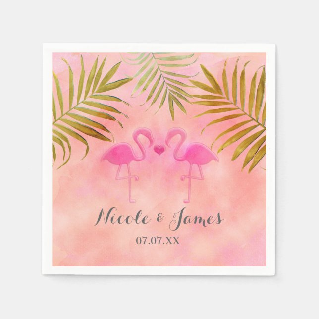 Två Rosa Flamingos Watercolor Beach Wednapkin Pappersservett (Framsidan)