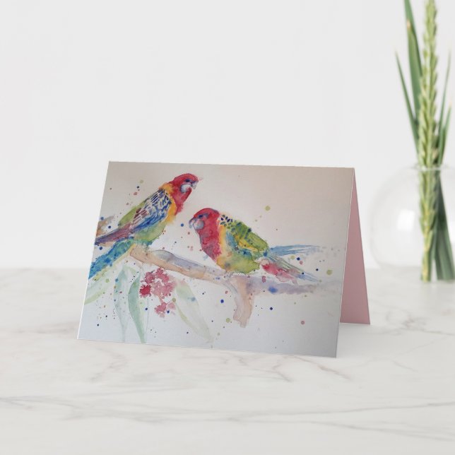 Två Rosella-papegojor Akvarell på en gren-kort Kort (Framsida)