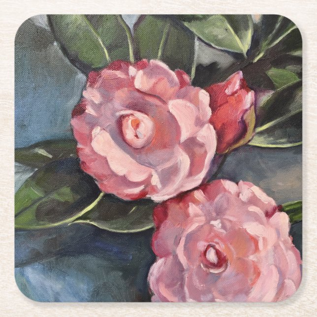 Två Rosor Camellias Fine Art Oljemålning Underlägg Papper Kvadrat (Framsidan)