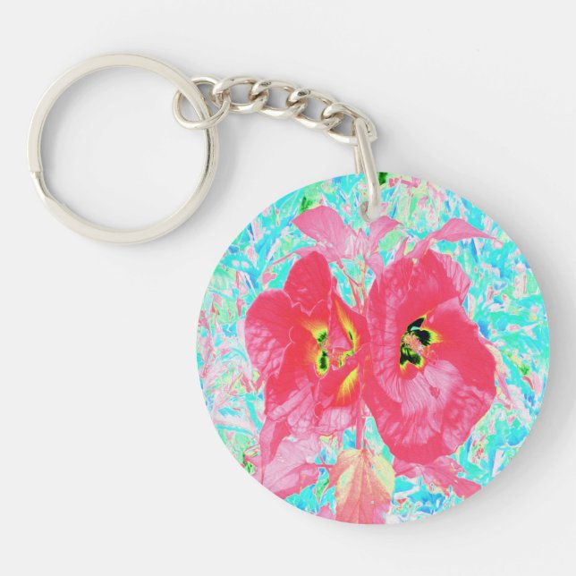 Två Rosy Red Coral Plum Crazy Hibiscus på Aqua (Framsidan)