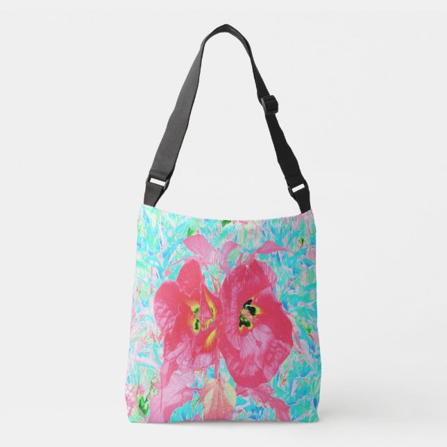 Två Rosy Red Coral Plum Crazy Hibiscus på Aqua Axelväska (Framsida)