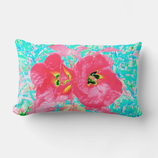 Två Rosy Red Coral Plum Crazy Hibiscus på Aqua Lumbarkudde (Framsida)