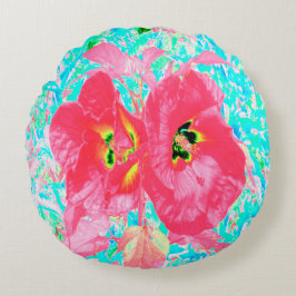 Två Rosy Red Coral Plum Crazy Hibiscus på Aqua Rund Kudde