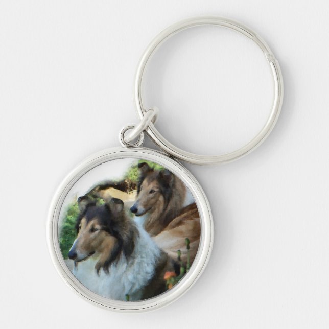 Två Sable Rough Collies Rund Silverfärgad Nyckelring (Framsidan)