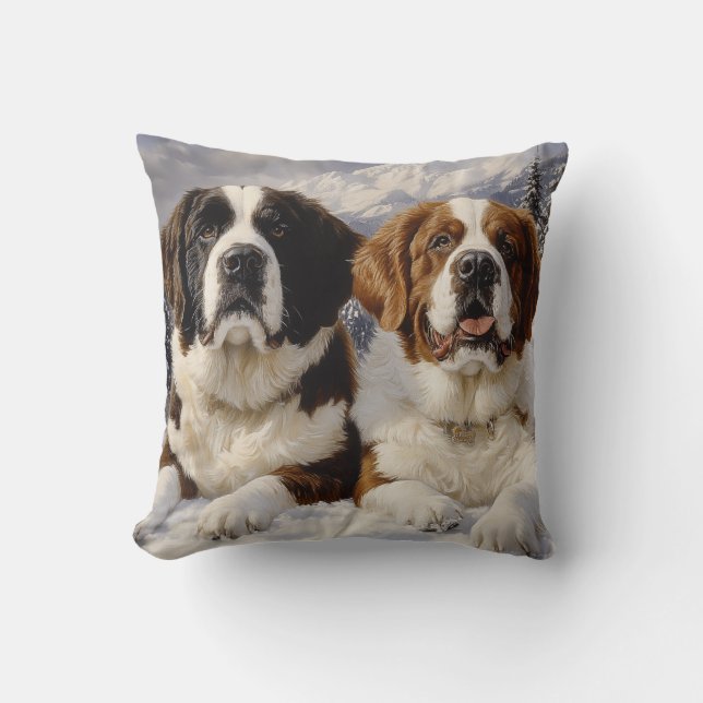 Två Saint Bernards i Snö Kudde (Framsida)