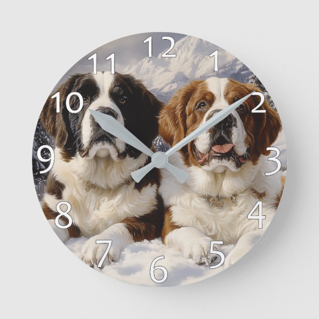 Två Saint Bernards i Snö Rund Klocka (Framsida)