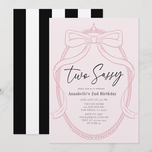 Två Sassy Rosa Tiara & Bow Girl 2 Birthday Inbjudningar (Fram/baksida)