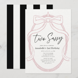 Två Sassy Rosa Tiara & Bow Girl 2 Birthday Inbjudningar