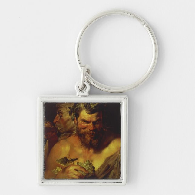 Två Satyrs (olja på panel) Fyrkantig Silverfärgad Nyckelring (Framsidan)