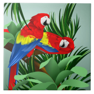 Två scharlakansröda Macaws Kakelplatta