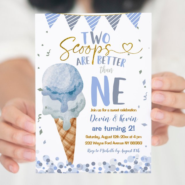 Två Scoops Ice Cream Twin Boys Sommardag Inbjudningar (Skapare uppladdad)