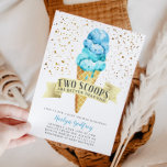 Två Scoops Twin Boys Ice Cream Baby Shower Inbjudningar<br><div class="desc">Tvillingpojkens inbjudningskort för gräddkräm för gräddbarn med vattenfärg illustration av blåa och mynta glasskrämer på våffelkonen på grönten. Det finns faux guld sprinkles runt. I texten på banderollen står det: "Två skott är bättre än ett."</div>