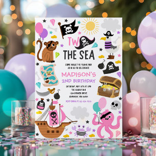 Två Sea Girl Rosa Pirat 2:a födelsedagen Party Inbjudningar