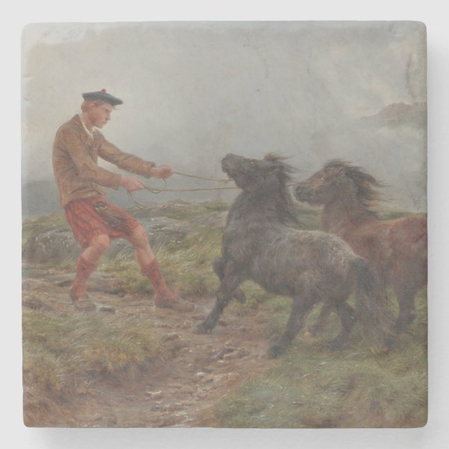 Två Shetland Ponies in a Misty Highland Ligcape Stenunderlägg (Framsidan)