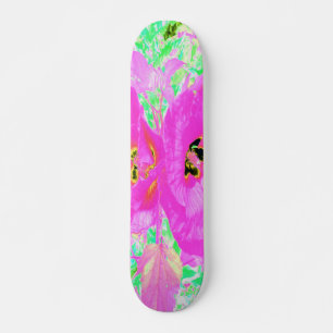 Två Shock rosa Plum Crazy Hibiscus på Lime Green Mini Skateboard Bräda 18,5 Cm