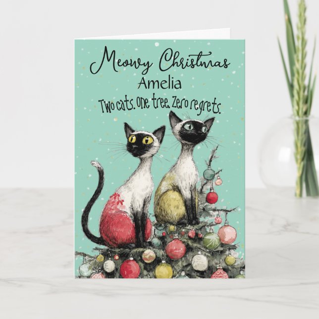 Två siameser katter på julgran julkort kort (Framsida)