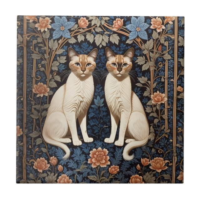 Två siamesiska Cats William Morris Inspired Kakelplatta (Framsidan)