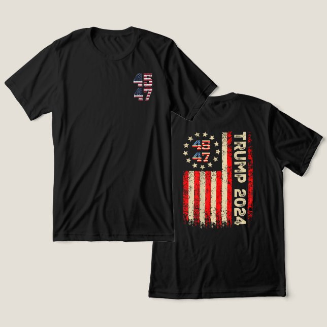 Två SIDE 45 47 Trump 2024 American Flagga (på baks T Shirt (Design fram och bak)