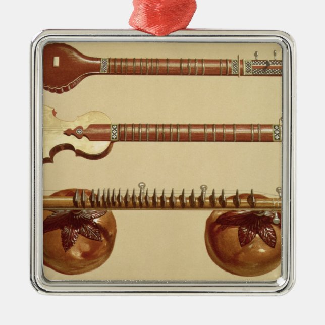 Två sitars och en rudravina, indier, från 'musikal julgransprydnad metall (Framsidan)