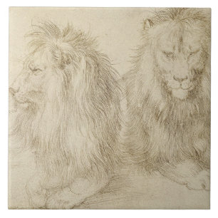 Två sittande Lejon (Vilda djur) (Albrecht Durer) Kakelplatta