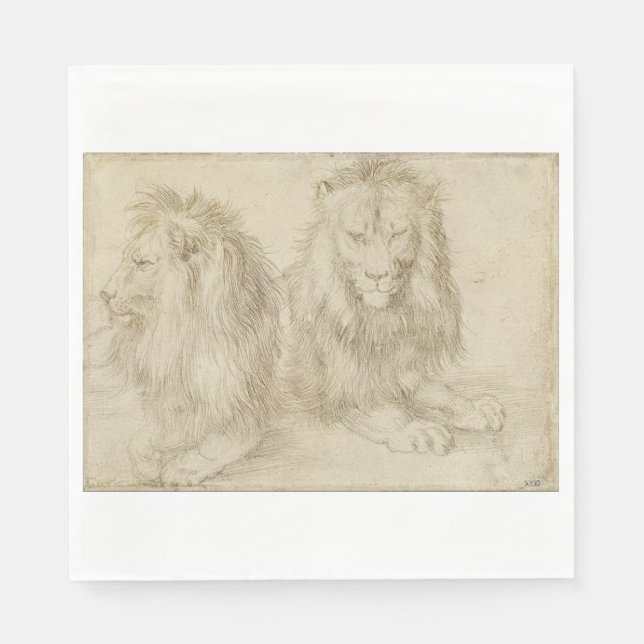 Två sittande Lejon (Vilda djur) (Albrecht Durer) Pappersservett (Framsidan)