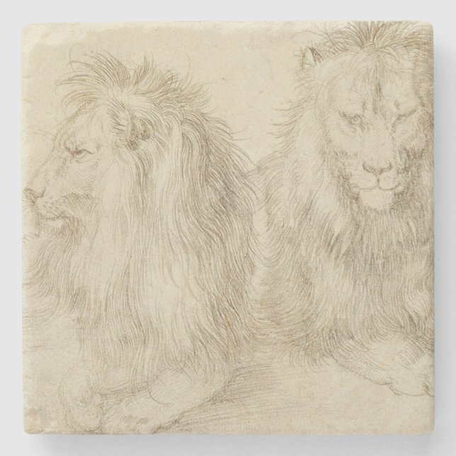 Två sittande Lejon (Vilda djur) (Albrecht Durer) Stenunderlägg (Framsidan)