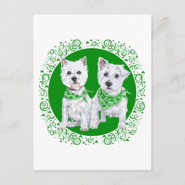 Två sittande Westies på St Patricks Day Vykort (Framsida)