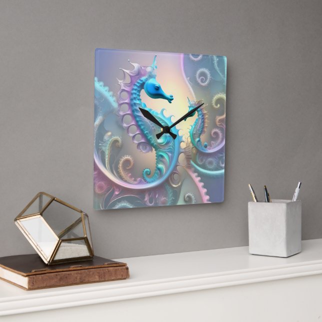 Två sjöhästar Pastel Fractal Art. Fyrkantig Klocka (Kontor)