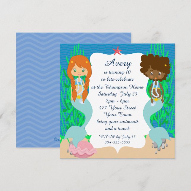 Två Sjöjungfruar Bassäng Party Inbjudningar (Fram/baksida)
