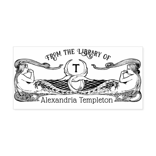 Två sjöjungfrur Bibliotek Boknamn Initial Självfärgande Stämpel (Design)