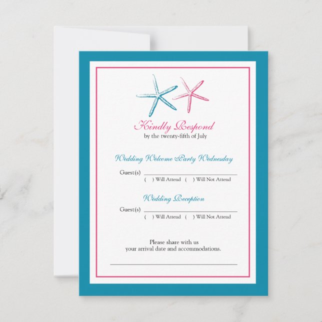 Två sjöstjärnor Påfågel och Rosa RSVP-kort Inbjudningar (Framsida)