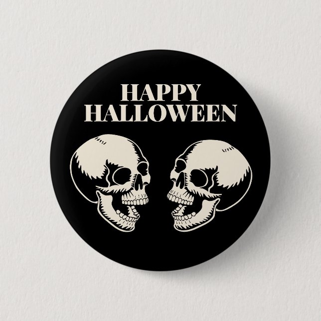 Två skallor ler Glad Halloween Knapp (Framsida)